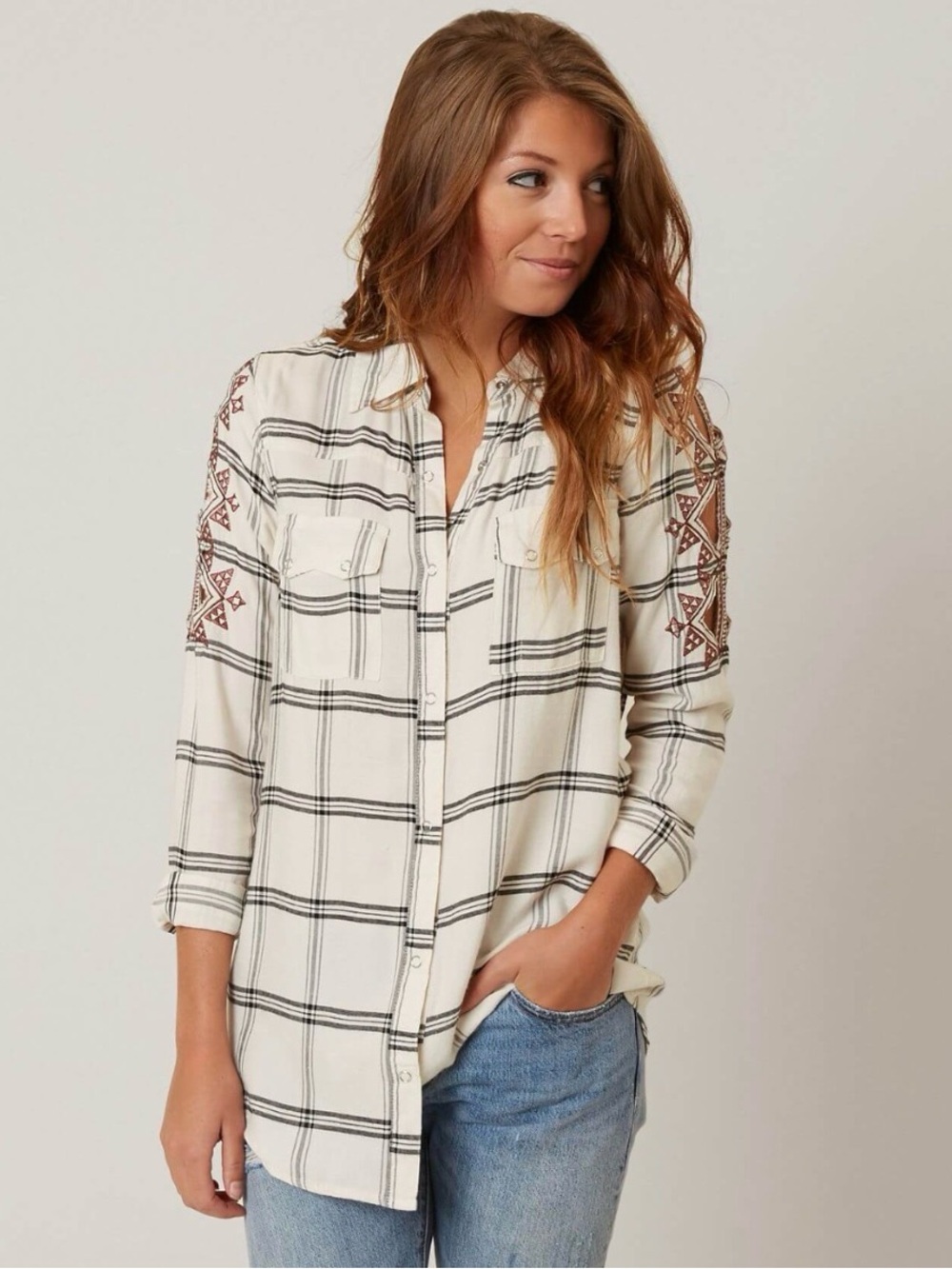 Gimmicks by BKE Cream Plaid Cut Out Button-Down Shirt with Embroidered Sleeves